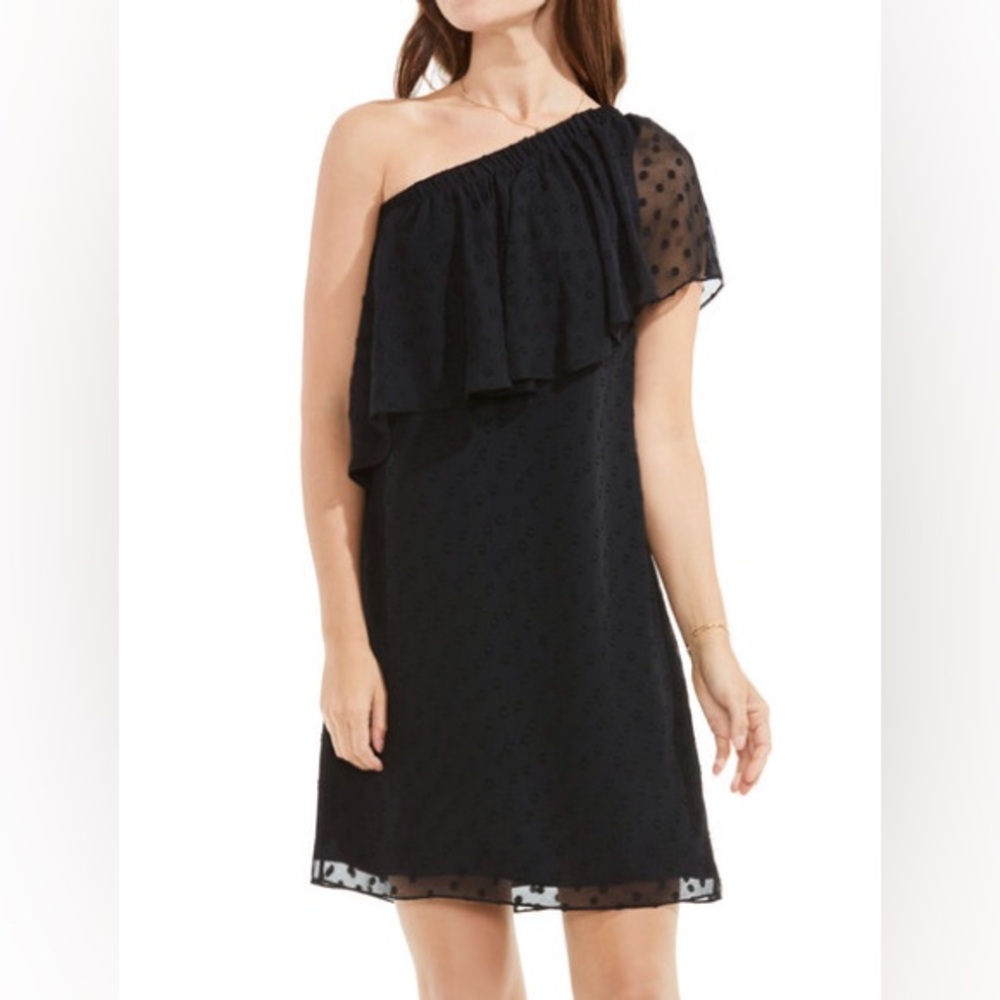 Vince Camuto black dot jacquard one shoulder dress size 4 new with tag
